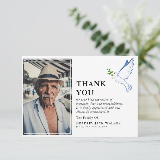 Einfaches White Dove Foto Beerdigung Beileid Dankeskarte (Stehend Vorderseite)