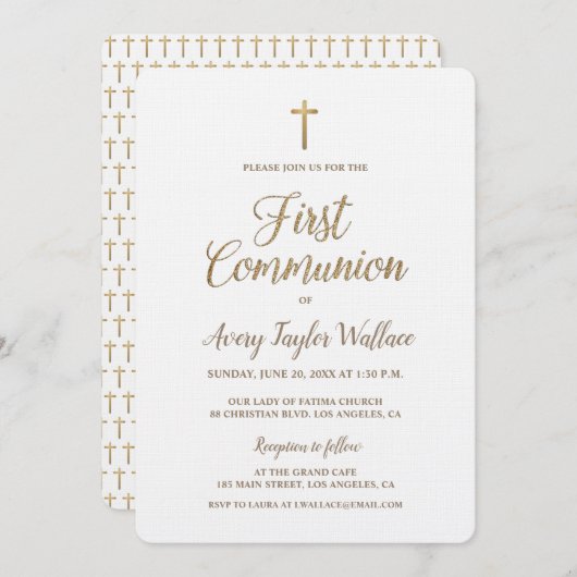 Einfaches White Gold Cross Moderne Erste Kommune Einladung (Vorne/Hinten)