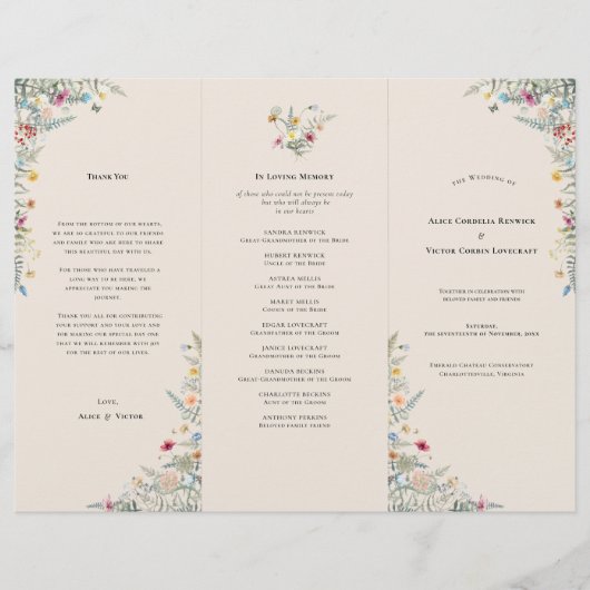 Einfaches Wildblumen-Farn-Beige-Hochzeitsprogramm- (Vorderseite)