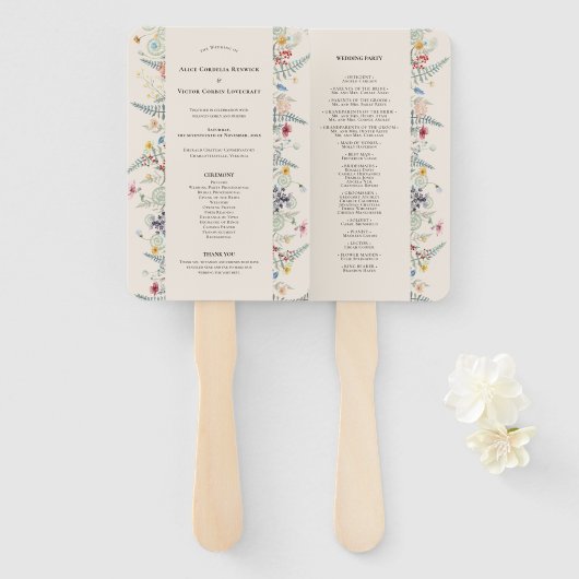 Einfaches Wildblumen-Farn-Beige-Hochzeitsprogramm Fächer (Vorne und Hinten)