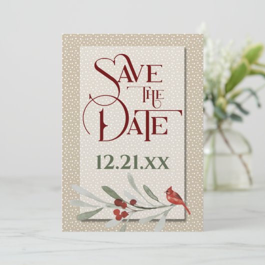 Einfaches Winter mit Kardinal Hochzeit Save The Date (Stehend Vorderseite)