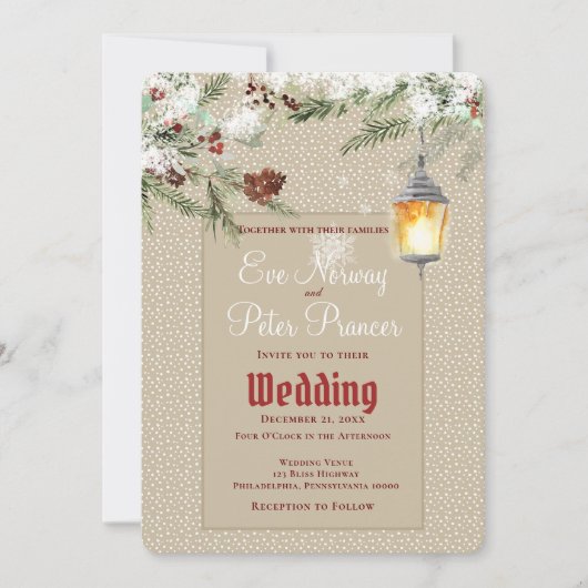 Einfaches Winter mit Lattern und Grüntönen Hochzei Ankündigung (Vorderseite)