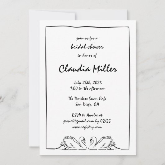 Einfaches zeitloses, handgeschriebenes Swan-Brautp Einladung (Vorderseite)