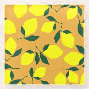Einfaches Zitronenmuster, orangefarbener Hintergru Glasuntersetzer