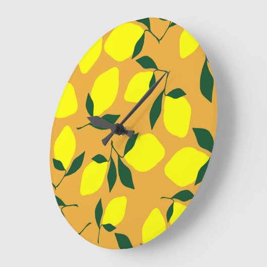 Einfaches Zitronenmuster, orangefarbener Hintergru Große Wanduhr (Winkel)