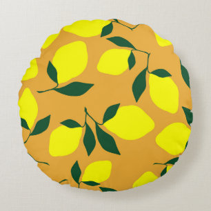 Einfaches Zitronenmuster, orangefarbener Hintergru Rundes Kissen
