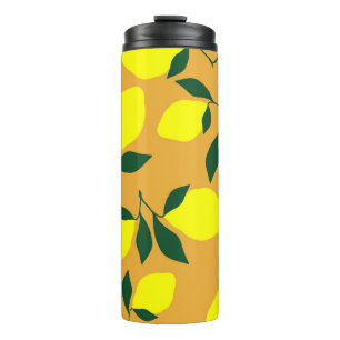 Einfaches Zitronenmuster, orangefarbener Hintergru Thermosbecher