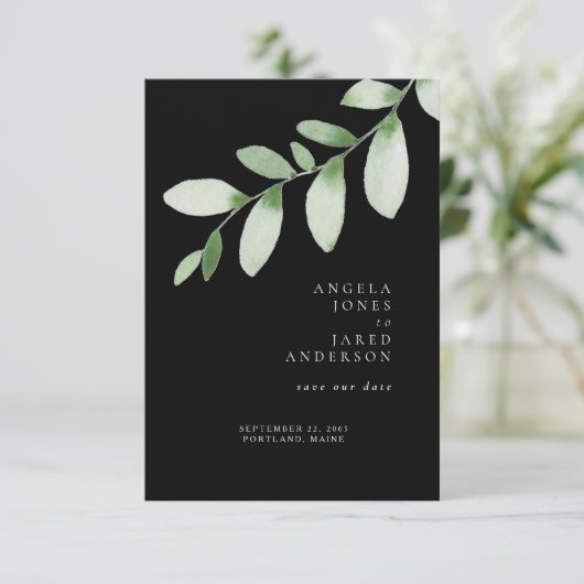 Einfachheit & Foliage Black Wedding Rettete unser Save The Date (Stehend Vorderseite)