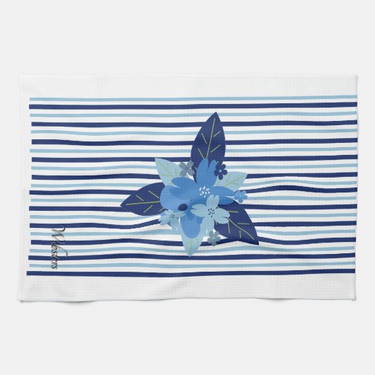 Einfarbig blaues Muster mit Blütenstreifen Geschirrtuch (Horizontal)
