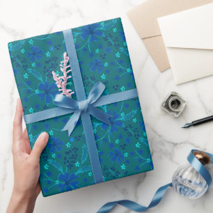 Einfarbig dunkles Türkisblau Retro floral Geschenkpapier
