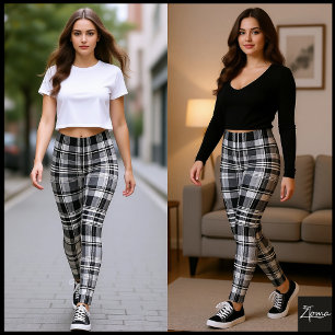 Einfarbig Grau Schwarz Weiß Tartan Karo Leggings