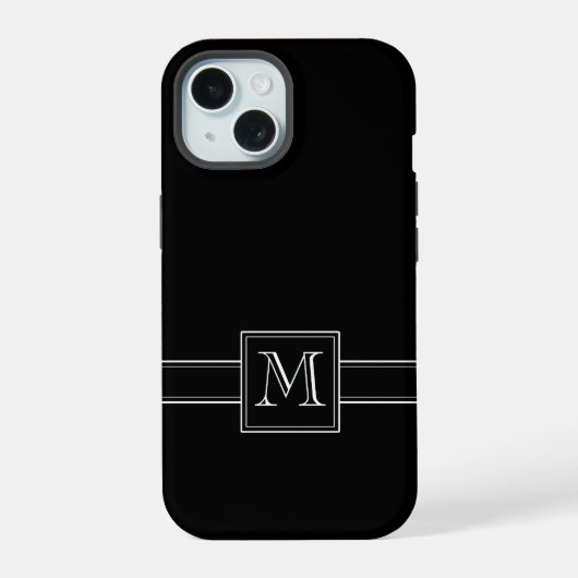 Einfarbig Schwarz mit Monogramm iPhone 15 Hülle (Rückseite)