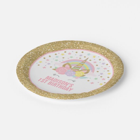 Einfarbige, rosa und goldfarbene Papierplatte 7", Pappteller (Schrägansicht)