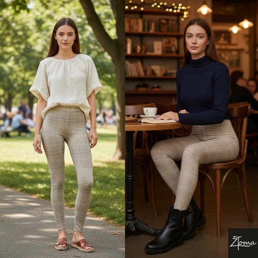 Einfarbiges Taupe-Karomuster mit horizontaler Text Leggings