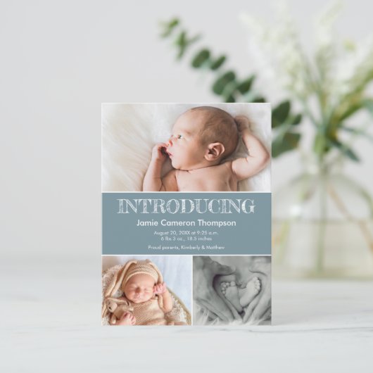 Einführung Baby Birth Announcement Foto Blue Ankündigungspostkarte (Stehend Vorderseite)