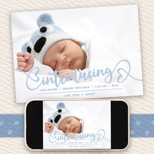 Einführung Blue Heart Script Baby Foto Birth Ankündigung