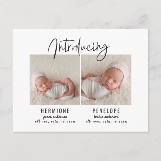 Einführung der Geburtsankündigung von Zwillingen Einladungspostkarte (Vorderseite)