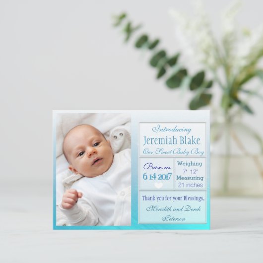 Einführung der neuen Baby Boy Ankündigung Postkart (Stehend Vorderseite)