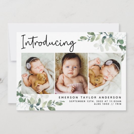 Einführung des modernen Fotos Eukalyptus Birth Ankündigung (Vorderseite)