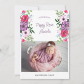 Einführung in 2 Foto Lila rosa Blume Geburt Ankündigung (Vorderseite)