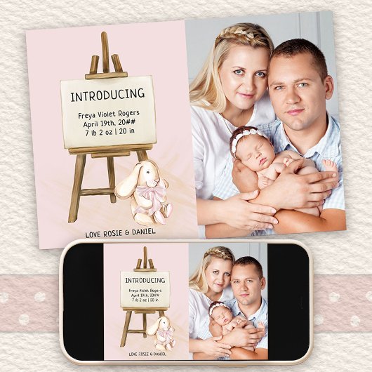 Einführung in Easel & Bunny Foto Baby Girl Birth Ankündigung