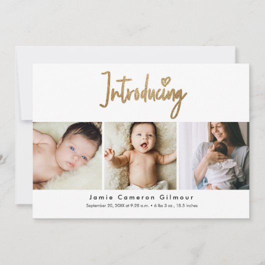 Einführung in Gold Script für Custom 3 Foto Baby Dankeskarte (Vorderseite)