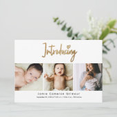 Einführung in Gold Script für Custom 3 Foto Baby Dankeskarte (Stehend Vorderseite)