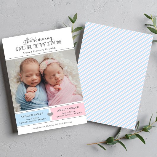 Einführung unseres Twins Baby Boy Girl Foto Birth Ankündigung