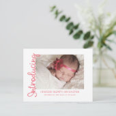 Einführung von Baby Girl Sweet Pink Foto Ankündigungspostkarte (Stehend Vorderseite)
