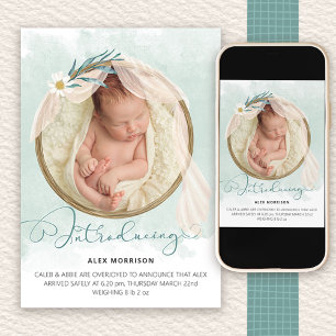 Einführung von Boho Foto Frame Green Wash Birth Ankündigung