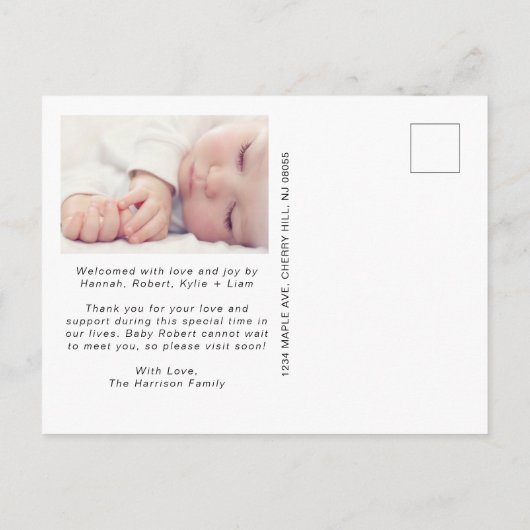 Einführung von Fotos Baby Birth Ankündigungspostkarte (Rückseite)