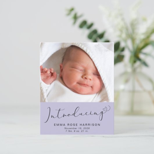 Einführung von Fotos Lila Geburtsankündigung (Stehend Vorderseite)
