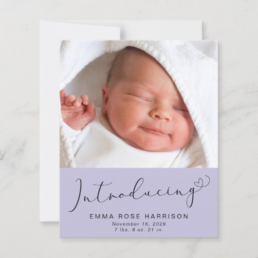 Einführung von Fotos Lila Geburtsankündigung (Vorderseite)