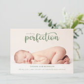 Einführung von Perfection Simple Script Foto Birth Ankündigung (Stehend Vorderseite)