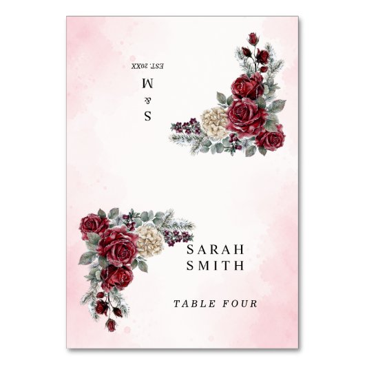 Eingefrorene Rosen Winter-Hochzeitsplatzkarten Tischnummer (Vorderseite)
