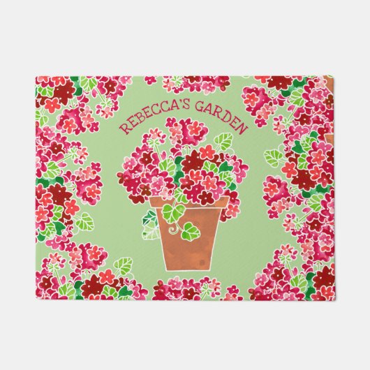 Eingemachte rote Pelargonie-mit Monogramm mit Fußmatte (Vorderseite)