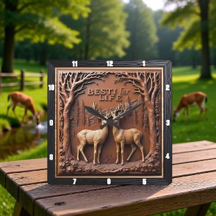 Eingeprägter Hirsch Wald Bäume Quadratische Wanduhr