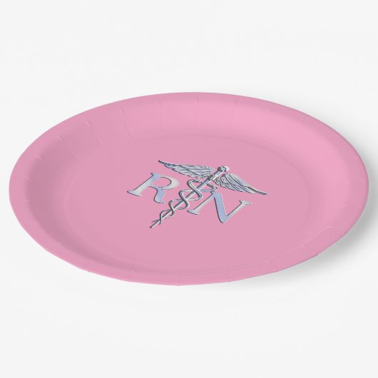 Eingetragene Krankenschwester RN Caduceus auf Pink Pappteller (Schrägansicht)