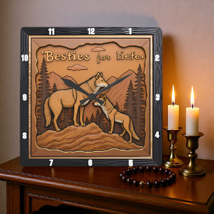 Eingraviertes Wolfspaar Orange Mountain Quadratische Wanduhr