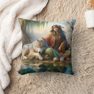 Einheimische Frau mit Wolf am Wasser Kissen