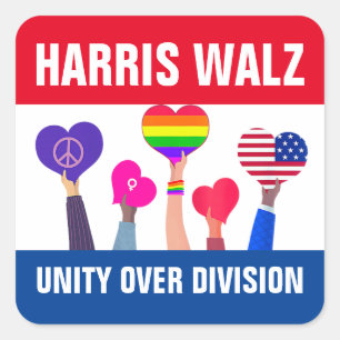 Einheit über Division Harris Walz Tim Walz Red Blu Quadratischer Aufkleber