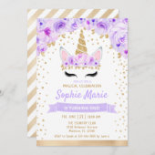 Einhorn 1. Geburtstag - Gold Lila Einladung (Vorne/Hinten)