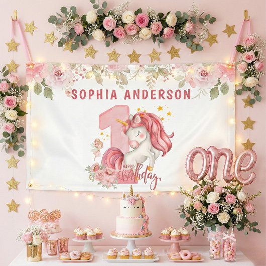 Einhorn 1. Geburtstag Rosa Kleines Mädchen Banner