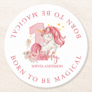 Einhorn 1. Geburtstag Rosa Kleines Mädchen Runder Pappuntersetzer