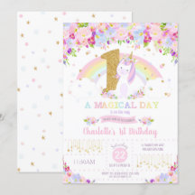 Einhorn-1. Geburtstags-Einladungs-Blumenregenbogen