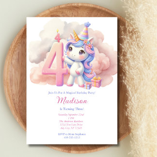 Einhorn 4. Geburtstag Rosa Blau Lila Mädchen Gebur Einladung