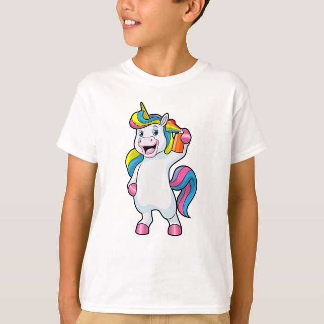 Einhorn als Friseur mit Haarspray T-Shirt (Vorderseite)