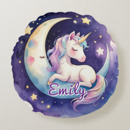 Einhorn auf dem Mond, bearbeitbarer Name Rundkisse Rundes Kissen