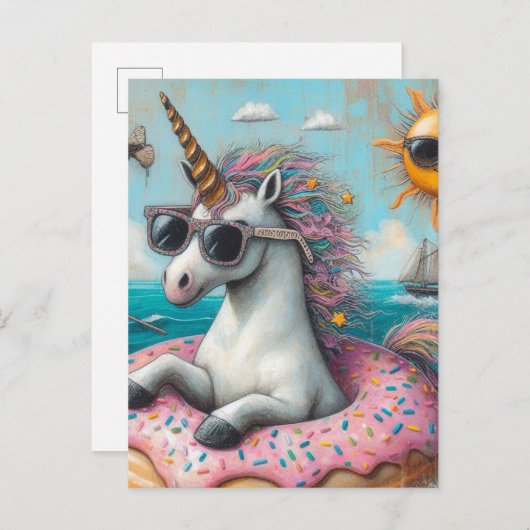 Einhorn auf einem Donut-Float Postkarte (Vorne/Hinten)