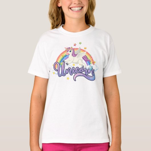 Einhorn auf einem Regenbogen T-Shirt (Vorderseite)